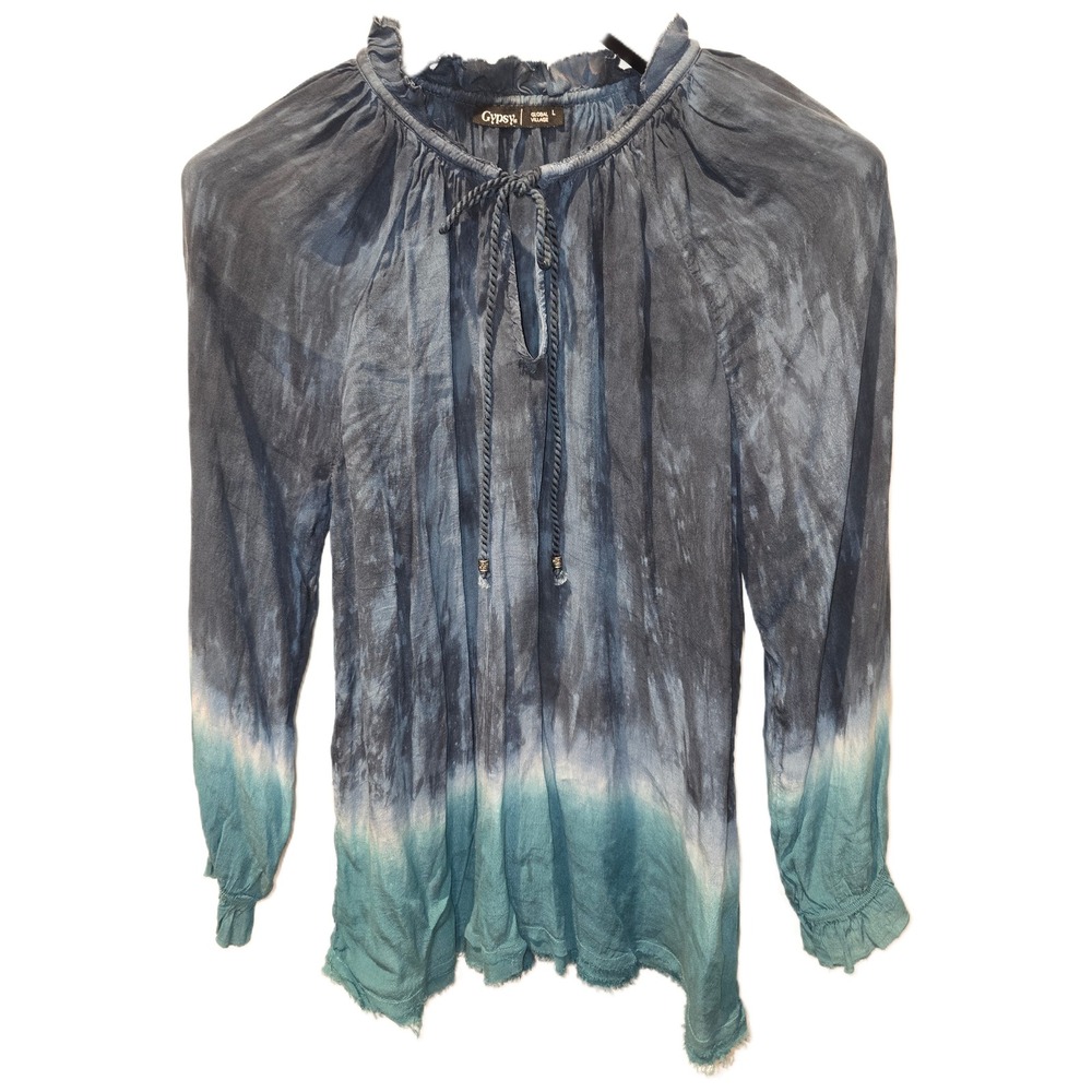 Gypsy 05 Global Village Blue Teal Tie Dye Ombre Ruffle Neck Blouse Large W731